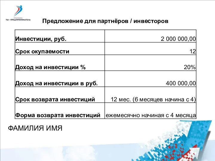 Предложение для партнёров / инвесторов ФАМИЛИЯ ИМЯ