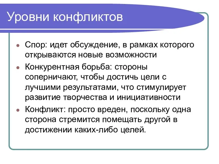 Уровни конфликтов Спор: идет обсуждение, в рамках которого открываются новые возможности Конкурентная