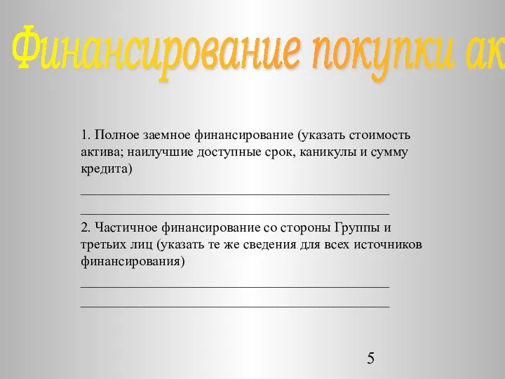 1. Полное заемное финансирование (указать стоимость актива; наилучшие доступные срок, каникулы и