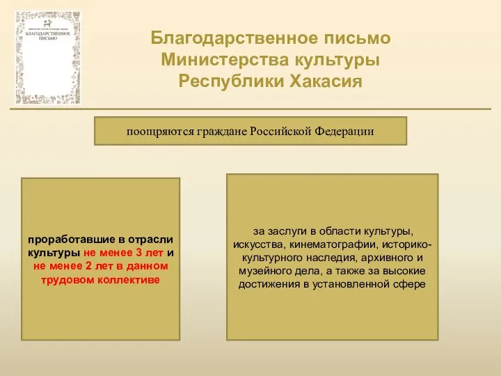 Благодарственное письмо Министерства культуры Республики Хакасия поощряются граждане Российской Федерации проработавшие в