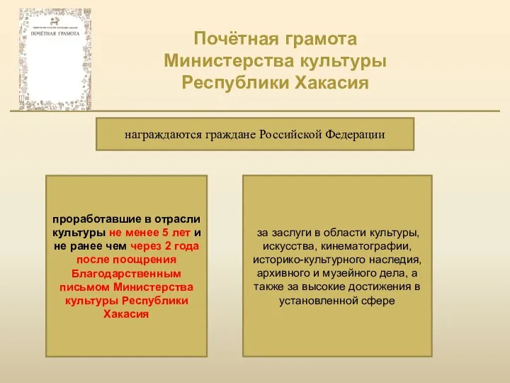 Почётная грамота Министерства культуры Республики Хакасия награждаются граждане Российской Федерации проработавшие в