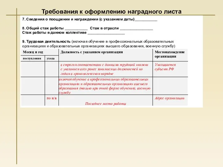 Требования к оформлению наградного листа 7. Сведения о поощрении и награждении (с