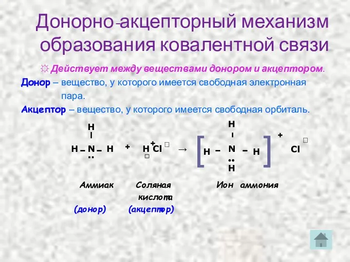 Донорно-акцепторный механизм образования ковалентной связи ☼ Действует между веществами донором и акцептором.