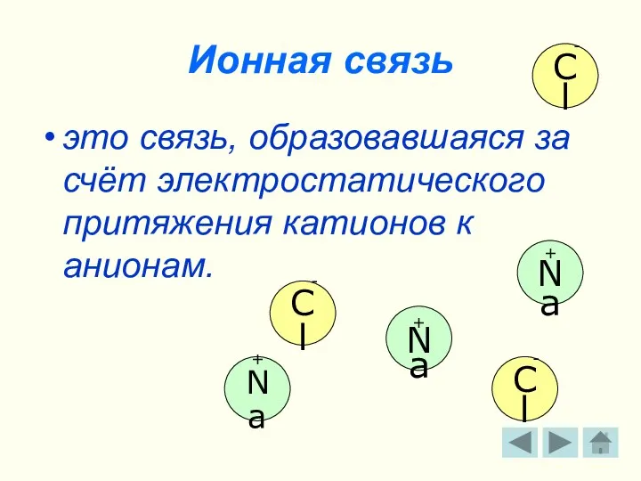 Ионная связь это связь, образовавшаяся за счёт электростатического притяжения катионов к анионам.