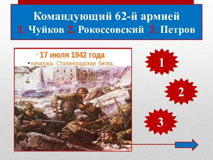 Командующий 62-й армией 1. Чуйков 2. Рокоссовский 3. Петров 1 2 3