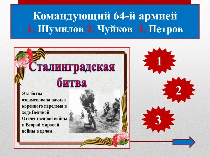 Командующий 64-й армией 1. Шумилов 2. Чуйков 3. Петров 1 2 3