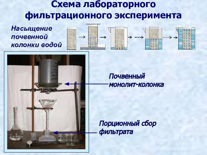 Схема лабораторного фильтрационного эксперимента Насыщение почвенной колонки водой Почвенный монолит-колонка Порционный сбор фильтрата