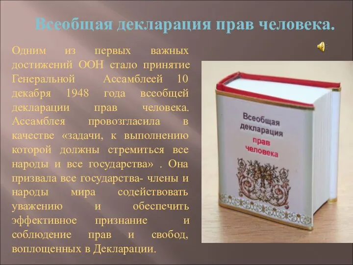 Одним из первых важных достижений ООН стало принятие Генеральной Ассамблеей 10 декабря