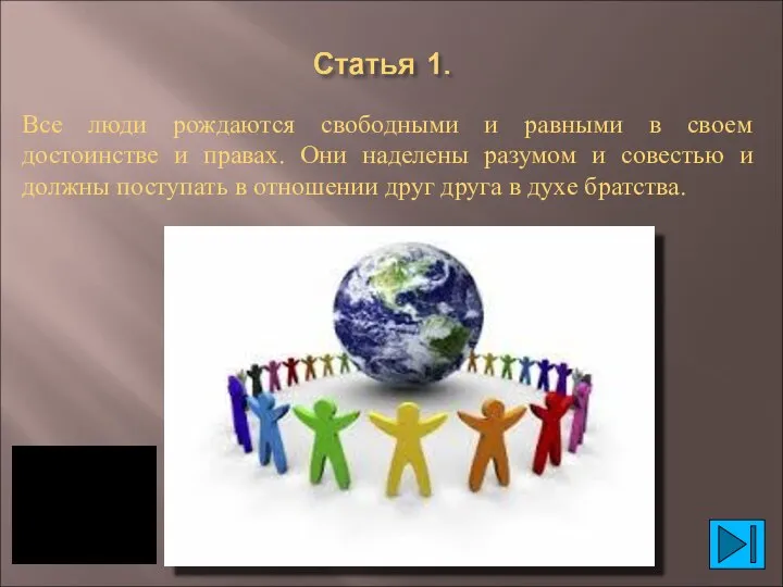 Все люди рождаются свободными и равными в своем достоинстве и правах. Они