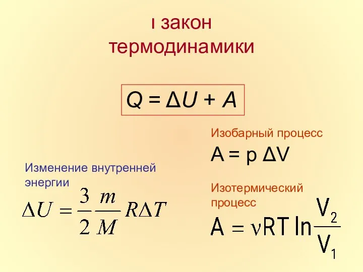 ı закон термодинамики Q = ΔU + A Изобарный процесс A =