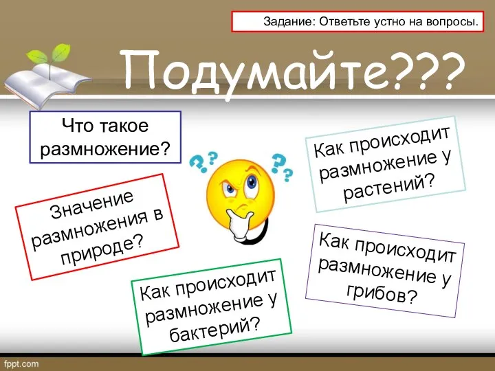 Подумайте??? Что такое размножение? Как происходит размножение у бактерий? Как происходит размножение