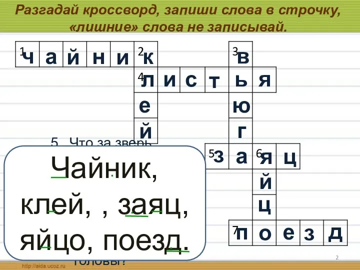 Разгадай кроссворд, запиши слова в строчку, «лишние» слова не записывай. 1. Из