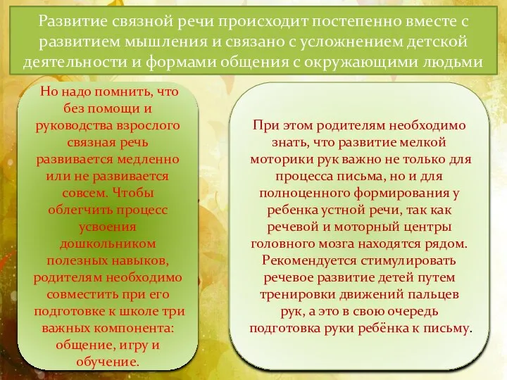 Развитие связной речи происходит постепенно вместе с развитием мышления и связано с