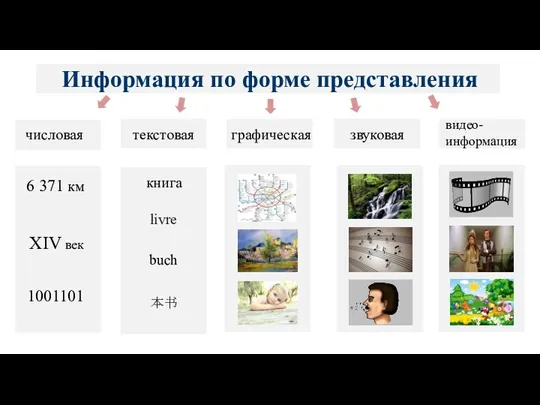 Информация по форме представления числовая текстовая графическая звуковая видео- информация 6 371