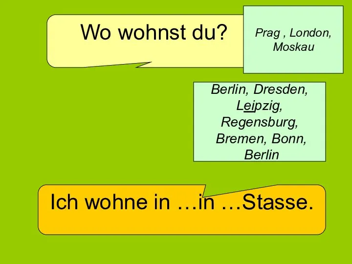 Wo wohnst du? Ich wohne in …in …Stasse. Berlin, Dresden, Leipzig, Regensburg,