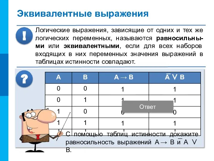 Эквивалентные выражения Логические выражения, зависящие от одних и тех же логических переменных,