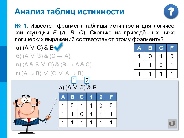 а) (A ∨ С) & В б) (A ∨ В) & (C