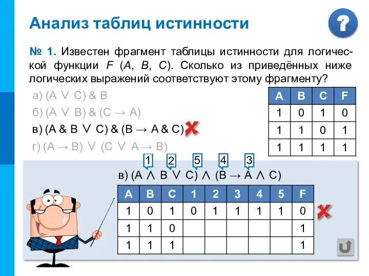 а) (A ∨ С) & В б) (A ∨ В) & (C