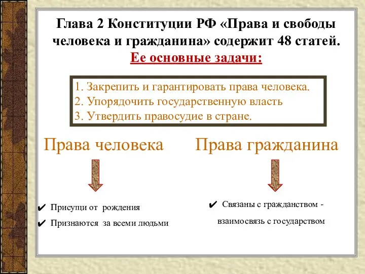 Глава 2 Конституции РФ «Права и свободы человека и гражданина» содержит 48