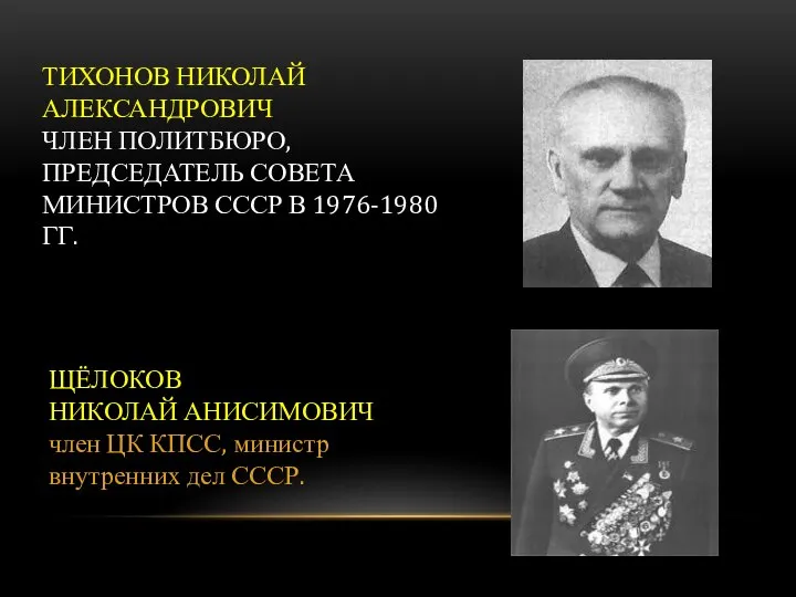 ТИХОНОВ НИКОЛАЙ АЛЕКСАНДРОВИЧ ЧЛЕН ПОЛИТБЮРО, ПРЕДСЕДАТЕЛЬ СОВЕТА МИНИСТРОВ СССР В 1976-1980 ГГ.