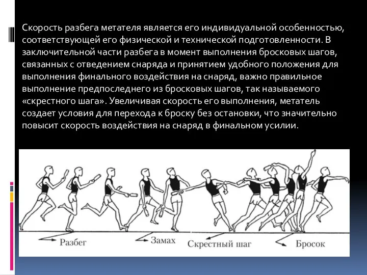 Скорость разбега метателя является его индивидуальной особенностью, соответствующей его физической и технической