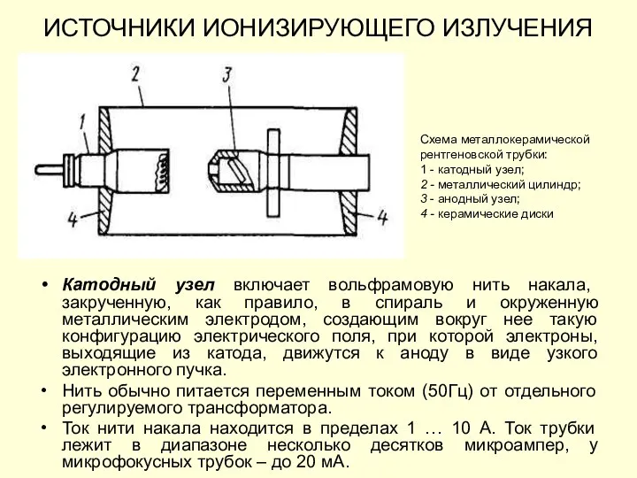 ИСТОЧНИКИ ИОНИЗИРУЮЩЕГО ИЗЛУЧЕНИЯ Катодный узел включает вольфрамовую нить накала, закрученную, как правило,