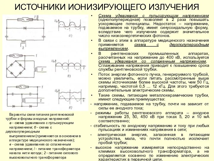 ИСТОЧНИКИ ИОНИЗИРУЮЩЕГО ИЗЛУЧЕНИЯ Схема удваивания с пульсирующим напряжением (однополупериодная) позволяет в 2