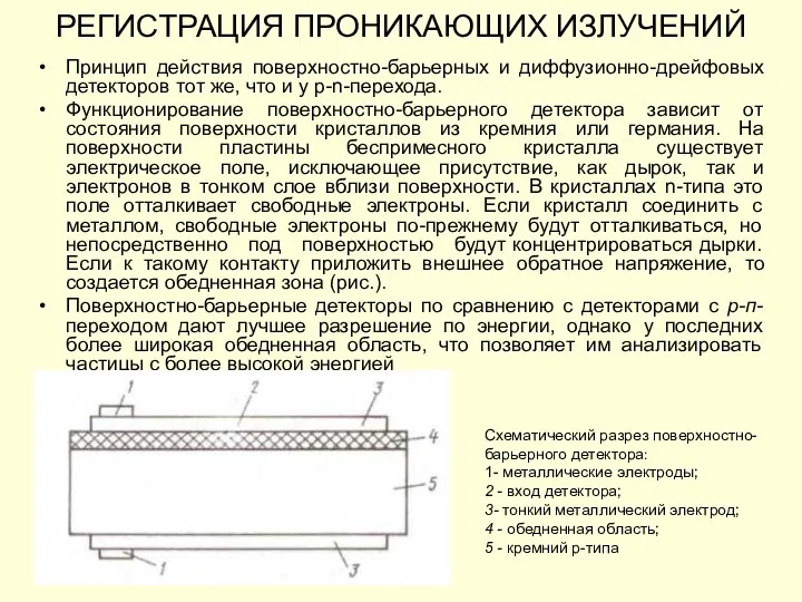 РЕГИСТРАЦИЯ ПРОНИКАЮЩИХ ИЗЛУЧЕНИЙ Принцип действия поверхностно-барьерных и диффузионно-дрейфовых детекторов тот же, что