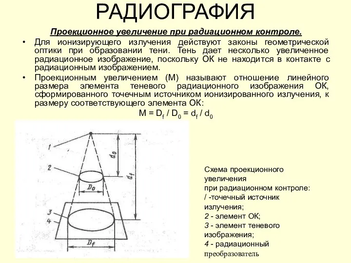 РАДИОГРАФИЯ Проекционное увеличение при радиационном контроле. Для ионизирующего излучения действуют законы геометрической