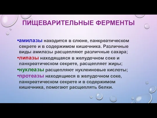 ПИЩЕВАРИТЕЛЬНЫЕ ФЕРМЕНТЫ амилазы находится в слюне, панкреатическом секрете и в содержимом кишечника.