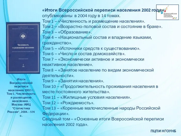 ПЦПИ НГОУНБ «Итоги Всероссийской переписи населения 2002 года» опубликованы в 2004 году