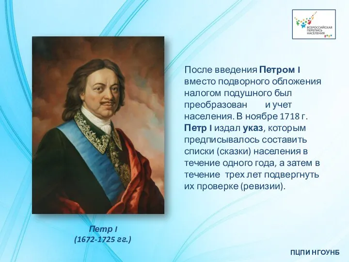 ПЦПИ НГОУНБ После введения Петром I вместо подворного обложения налогом подушного был