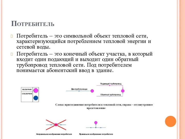 Потребитель Потребитель – это символьной объект тепловой сети, характеризующийся потреблением тепловой энергии