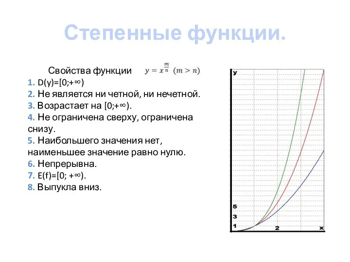 Степенные функции. Свойства функции 1. D(y)=[0;+∞) 2. Не является ни четной, ни