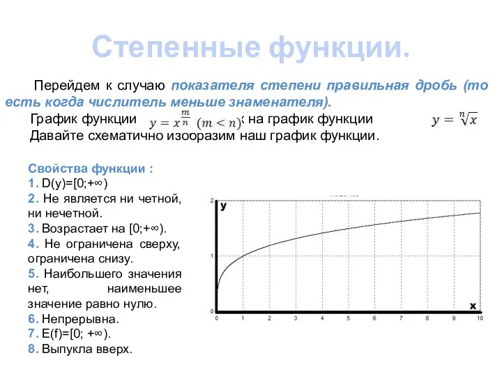 Степенные функции. Перейдем к случаю показателя степени правильная дробь (то есть когда