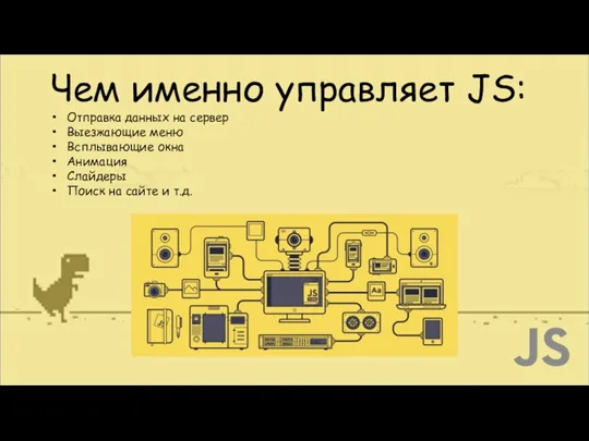 Чем именно управляет JS: Отправка данных на сервер Выезжающие меню Всплывающие окна