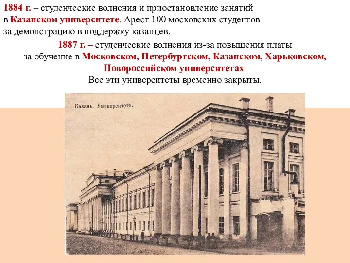 1884 г. – студенческие волнения и приостановление занятий в Казанском университете. Арест