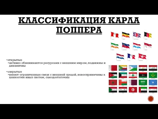 КЛАССИФИКАЦИЯ КАРЛА ПОППЕРА открытые активно обмениваются ресурсами с внешним миром, подвижны и