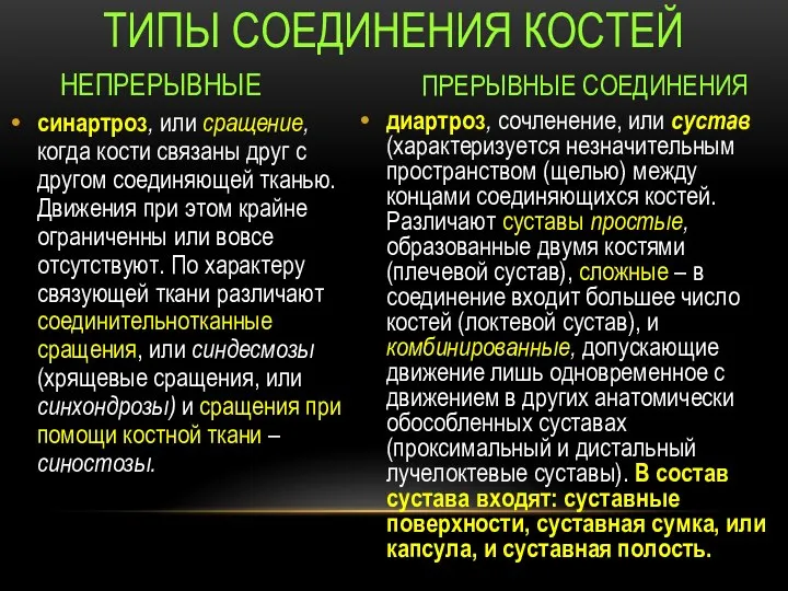 диартроз, сочленение, или сустав (характеризуется незначительным пространством (щелью) между концами соединяющихся костей.