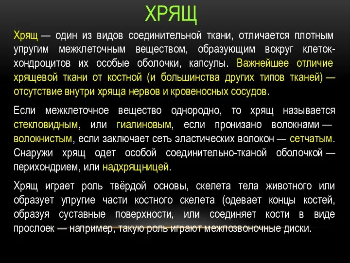 ХРЯЩ Хрящ — один из видов соединительной ткани, отличается плотным упругим межклеточным