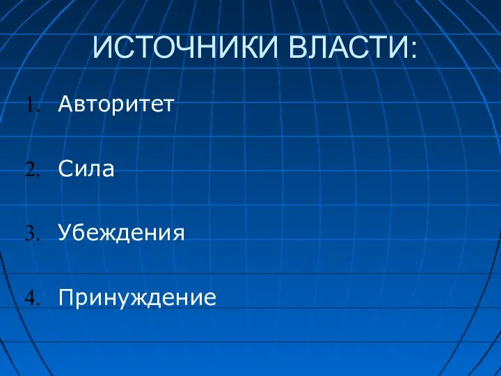 ИСТОЧНИКИ ВЛАСТИ: Авторитет Сила Убеждения Принуждение