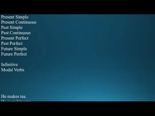 Present Simple Present Continuous Past Simple Past Continuous Present Perfect Past Perfect