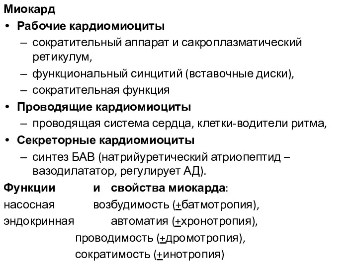 Миокард Рабочие кардиомиоциты сократительный аппарат и сакроплазматический ретикулум, функциональный синцитий (вставочные диски),