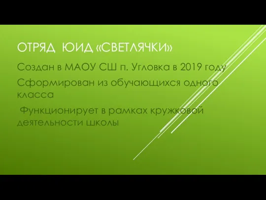 ОТРЯД ЮИД «СВЕТЛЯЧКИ» Создан в МАОУ СШ п. Угловка в 2019 году