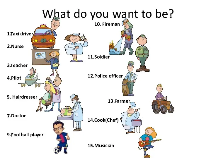 What do you want to be? 1.Taxi driver 2.Nurse 3.Teacher 4.Pilot 5.