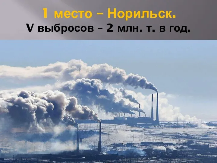 1 место – Норильск. V выбросов – 2 млн. т. в год.