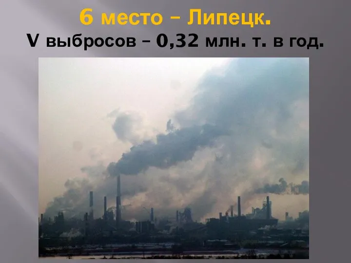 6 место – Липецк. V выбросов – 0,32 млн. т. в год.