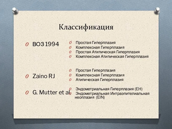 Классификация ВОЗ 1994 Zaino RJ G. Mutter et al. Простая Гиперплазия Комплексная