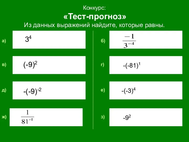 Конкурс: «Тест-прогноз» Из данных выражений найдите, которые равны. б) a) в) г) е) з) д) ж)