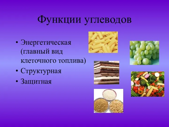 Функции углеводов Энергетическая (главный вид клеточного топлива) Структурная Защитная